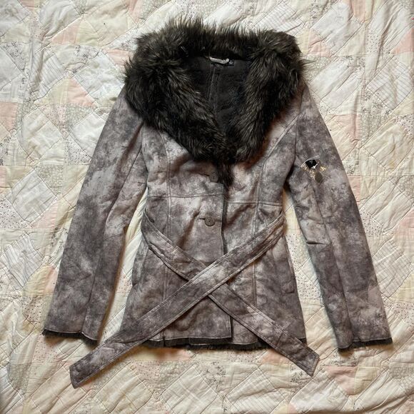 allen b vintage grey brown grunge y2k fur trim fairy peacoat waist tie small - Picture 1 of 8